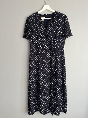Talbots Women's 100% Silk Polka Dot Midi Dress Navy 8 Ruffle Faux Wrap Coquette